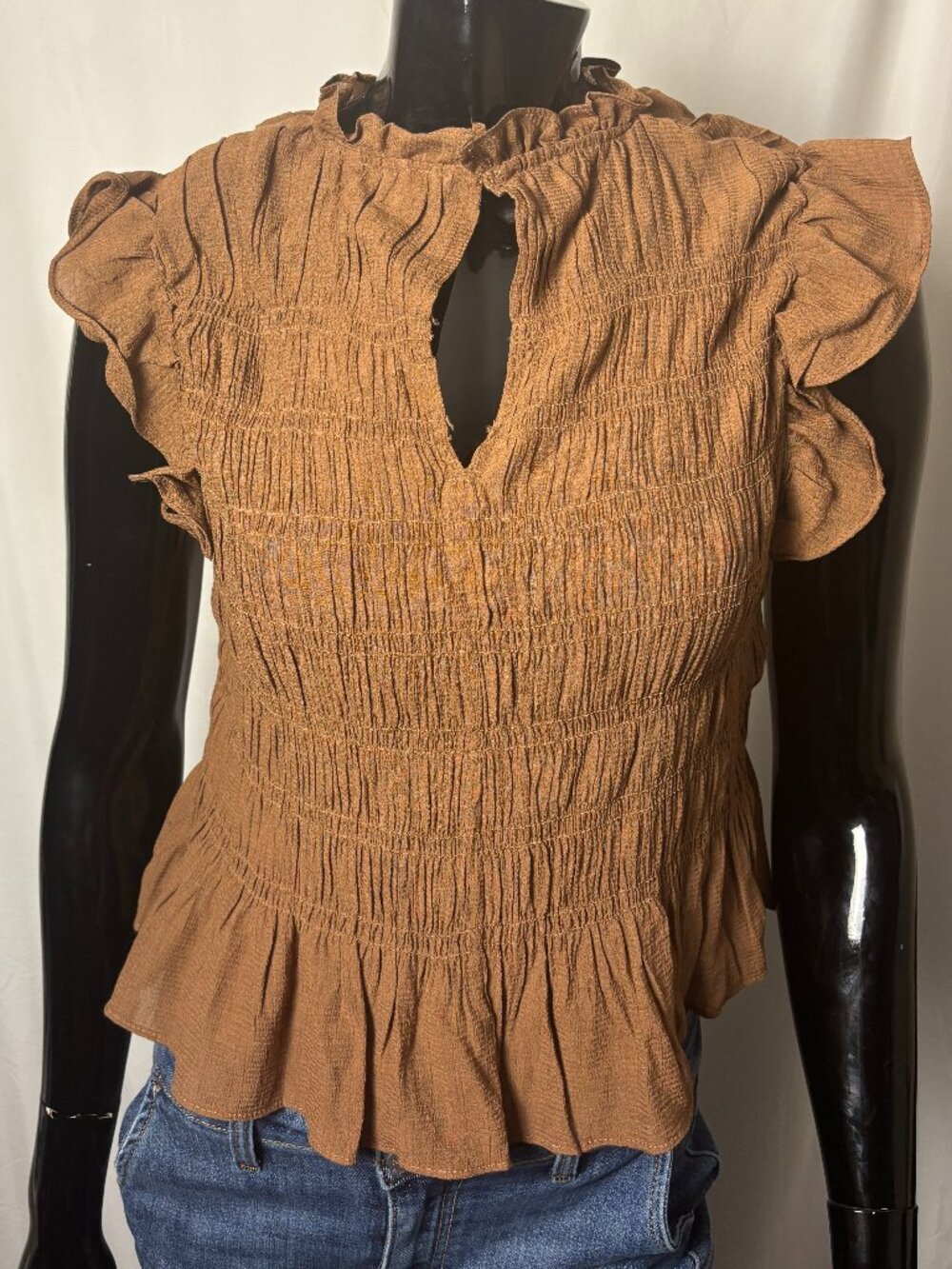 H&M Brown Smocked Ruffle Blouse Women’s Size US Small Boho Cottagecore Top